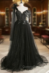 Black Tulle Sequins Long Evening Prom Dress, Black One Shoulder Evening Dress