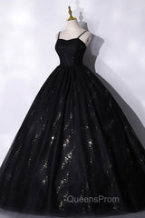 Black Tulle Sequins Long Evening Prom Dress, Black Spaghetti Straps Evening Dress