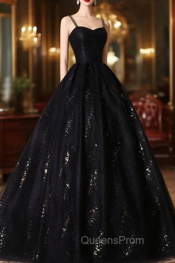 Black Tulle Sequins Long Evening Prom Dress, Black Spaghetti Straps Evening Dress