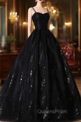 Black Tulle Sequins Long Evening Prom Dress, Black Spaghetti Straps Evening Dress