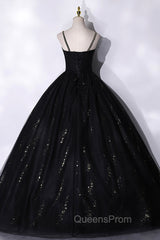 Black Tulle Sequins Long Evening Prom Dress, Black Spaghetti Straps Evening Dress