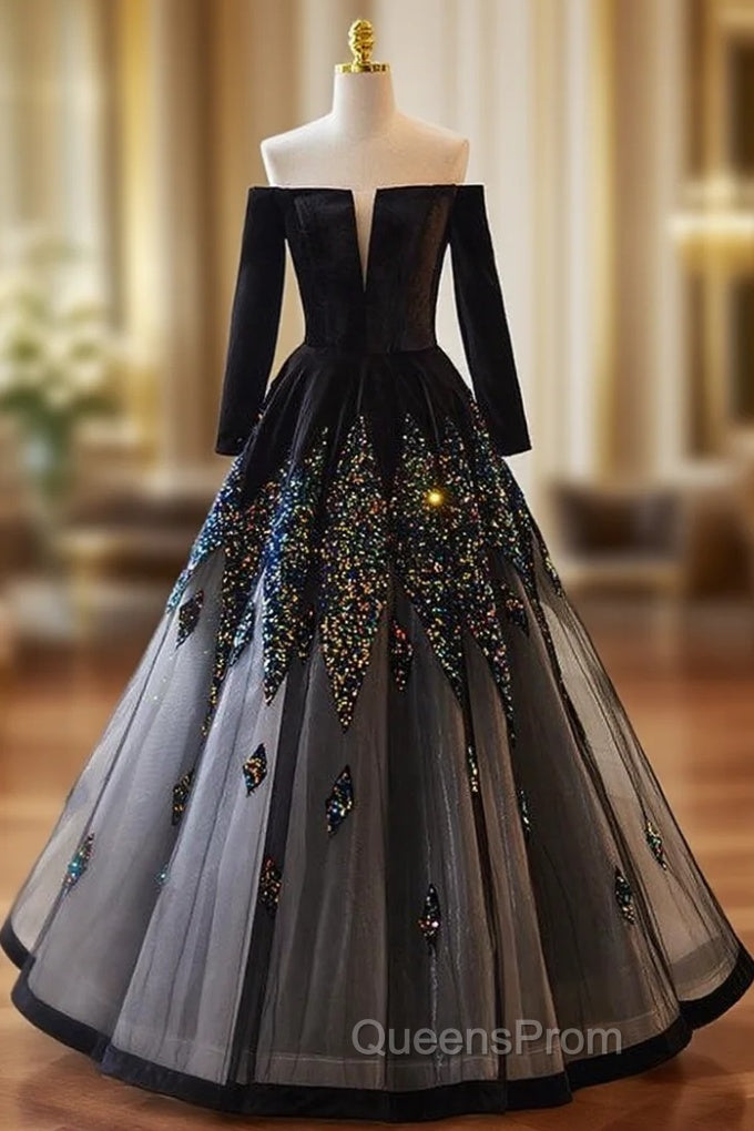 Black Tulle Sequins Long Sleeve Off the Shoulder Evening Prom Dress