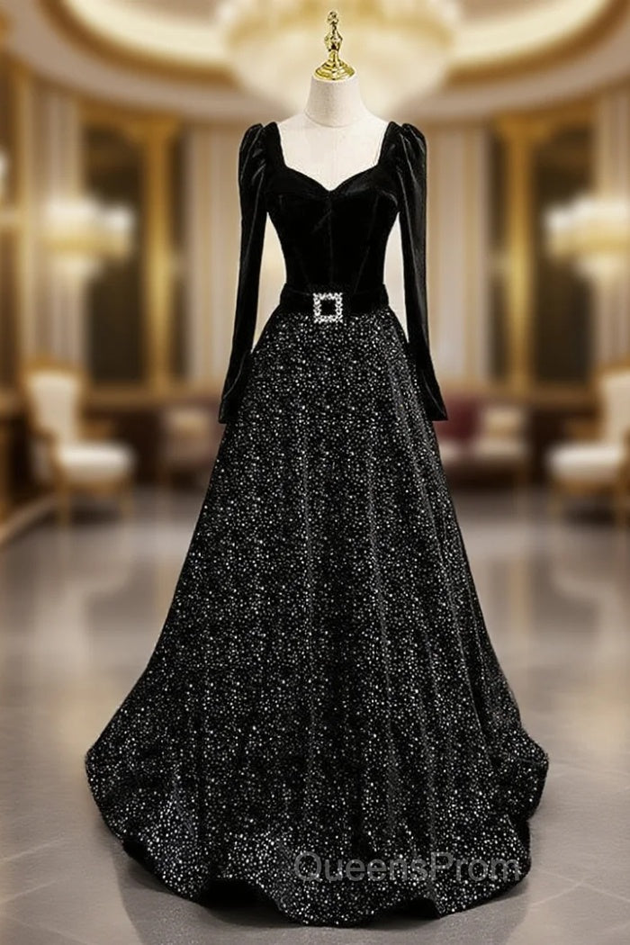 Black Tulle Sequins Long Sleeve Evening Prom Dress