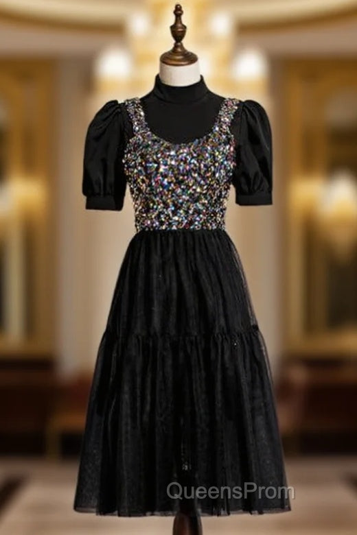 Black Tulle Sequins Short Sleeve Short Evening Prom Dress Main image