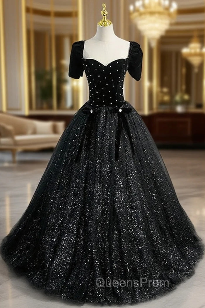 Black Tulle Sequins Strapless Evening Prom Dress