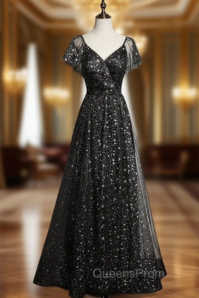 Black Tulle Sequins V-neck Evening Prom Dress