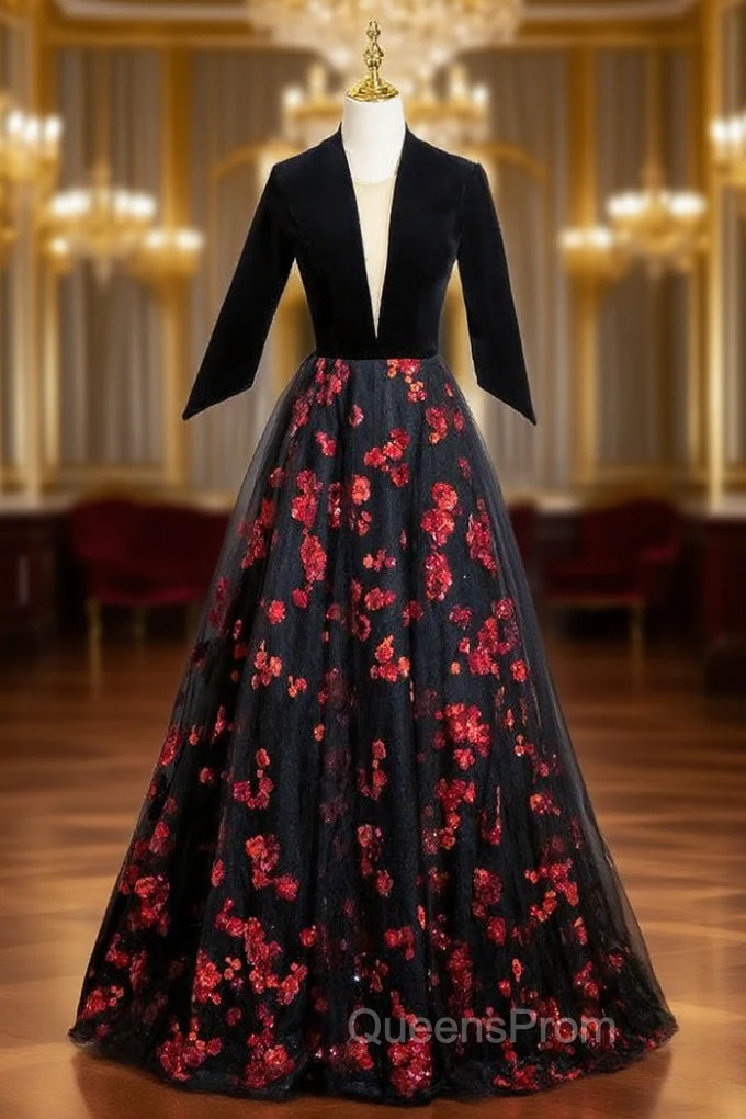 Black Tulle Sequins V-neck Short Sleeve Backless Evening Prom Dress