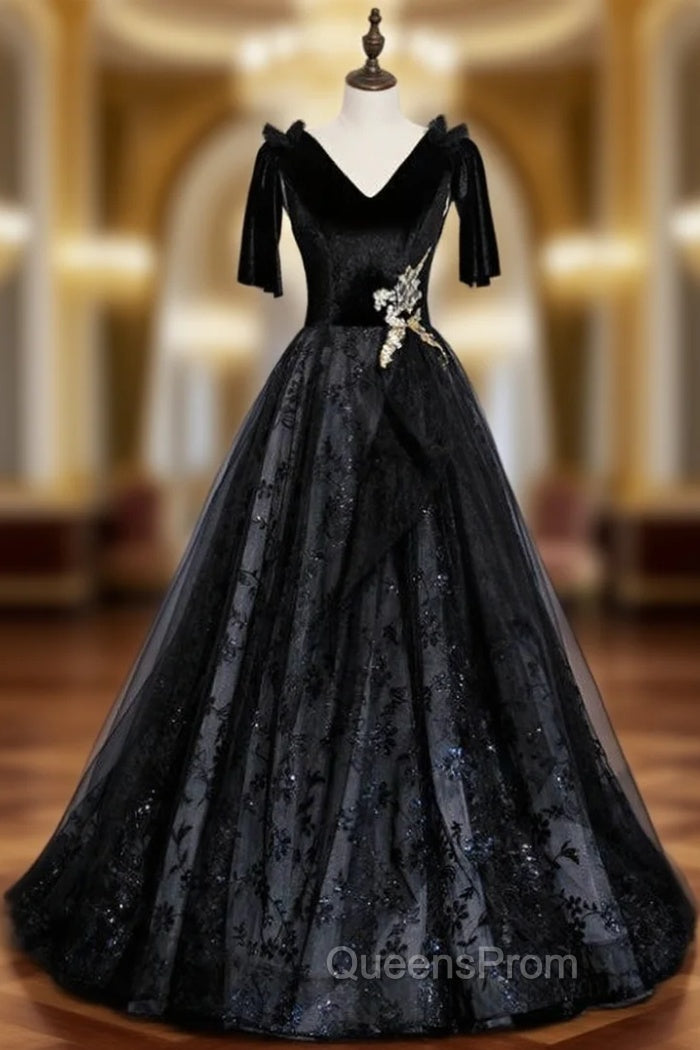 Black Tulle Sequins V-neck Short Sleeve Evening Prom Dress