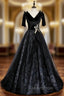 Black Tulle Sequins V-neck Short Sleeve Evening Prom Dress