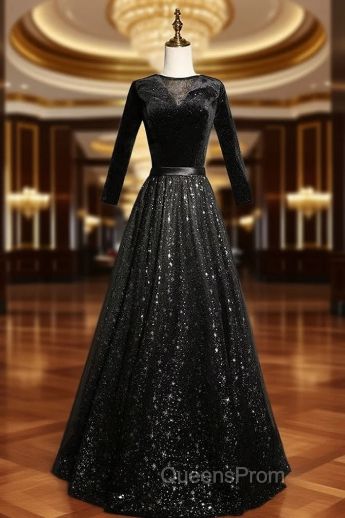 Black Tulle Sequins Velvet Short Sleeve Evening Prom Dress