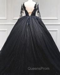 Black Tulle Sheer Neck Appliques Ball Gown Dress