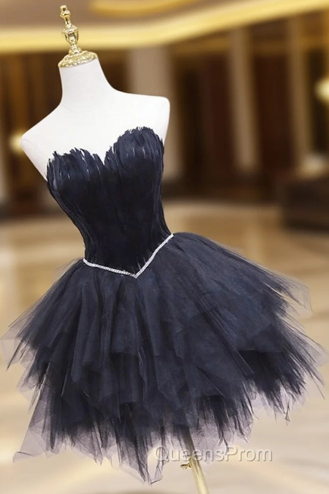 Black Tulle Short Evening Prom Dress with Feather, A-Line Sweetheart Neckline Party Dress