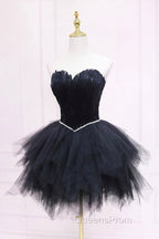 Black Tulle Short Evening Prom Dress with Feather, A-Line Sweetheart Neckline Party Dress