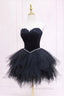 Black Tulle Short Evening Prom Dress with Feather, A-Line Sweetheart Neckline Party Dress