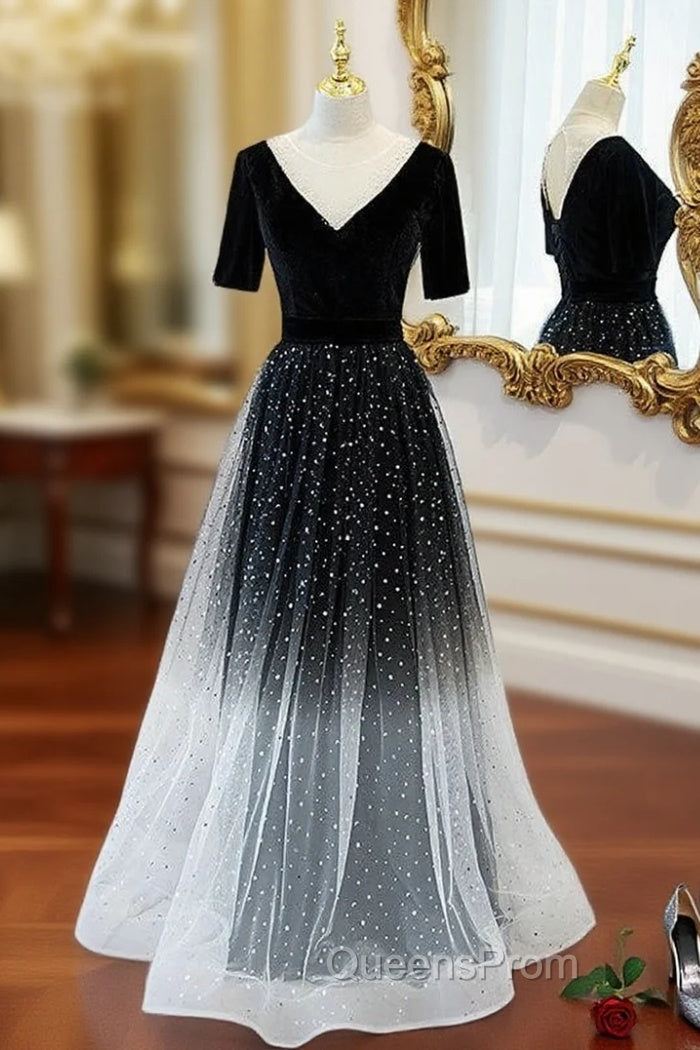 Black Tulle Short Sleeve Backless Evening Prom Dress Main image