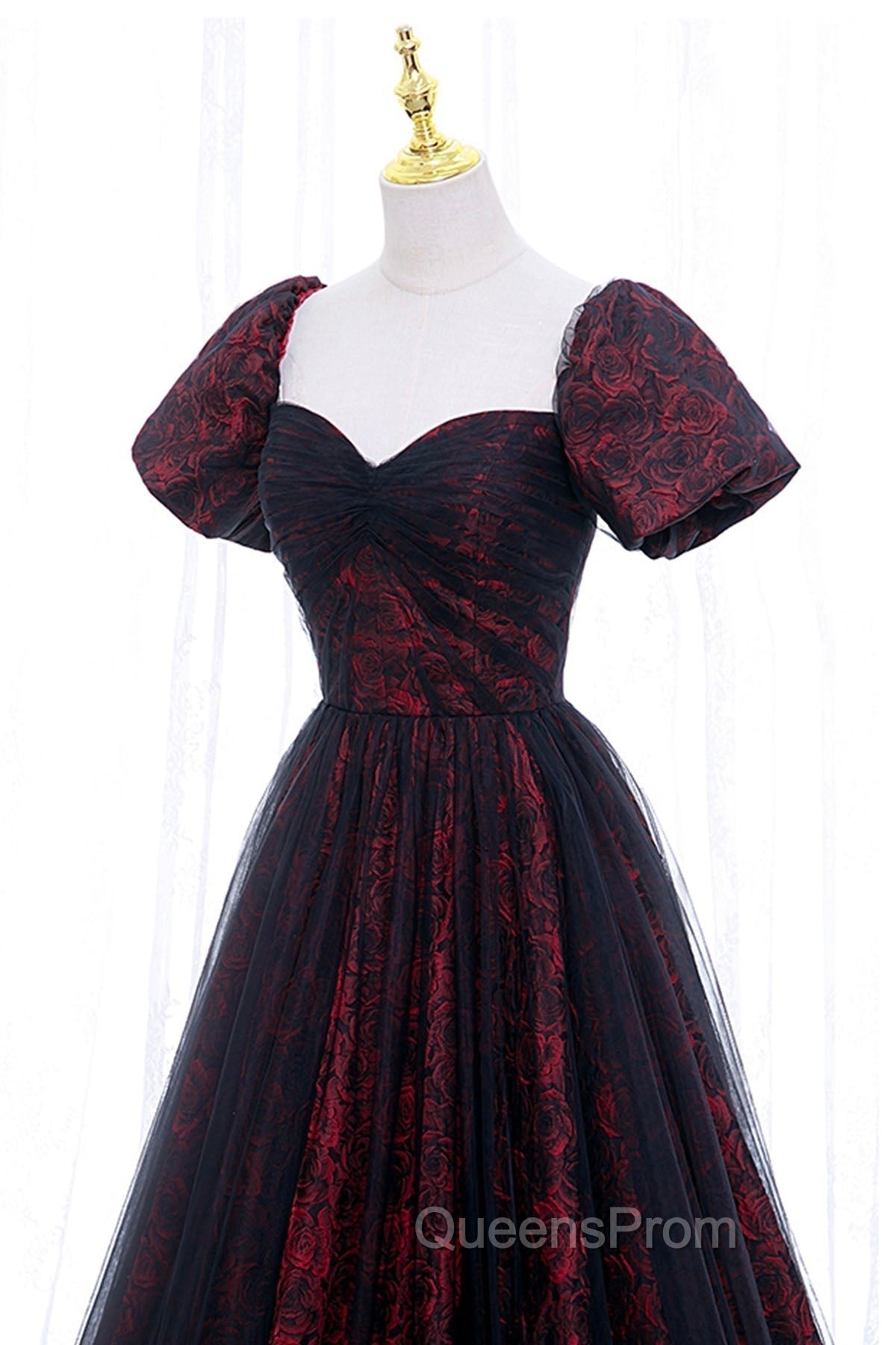 Black Tulle Short Sleeve Evening Dress, Off the Shoulder Evening Prom Dress