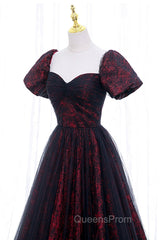 Black Tulle Short Sleeve Evening Dress, Off the Shoulder Evening Prom Dress