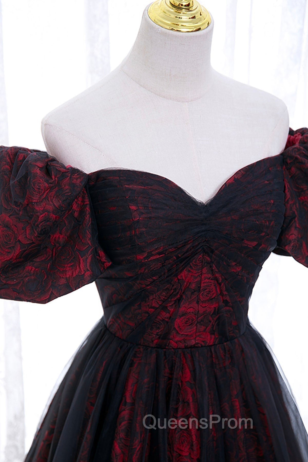 Black Tulle Short Sleeve Evening Dress, Off the Shoulder Evening Prom Dress