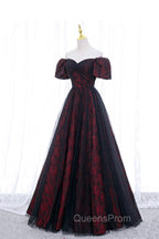 Black Tulle Short Sleeve Evening Dress, Off the Shoulder Evening Prom Dress