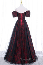Black Tulle Short Sleeve Evening Dress, Off the Shoulder Evening Prom Dress
