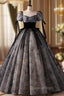 Black Tulle Short Sleeve Square Neck Quinceanera Dress