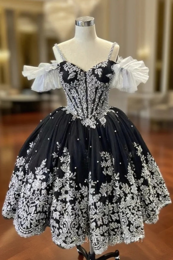 Black Tulle Silver Sequins Appliques Short Evening Prom Dress Main image