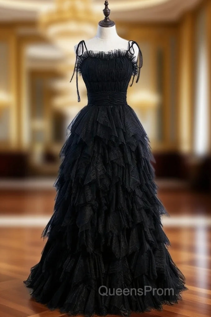Black Tulle Spagehtti Straps Pleats Tiers Evening Prom Dress