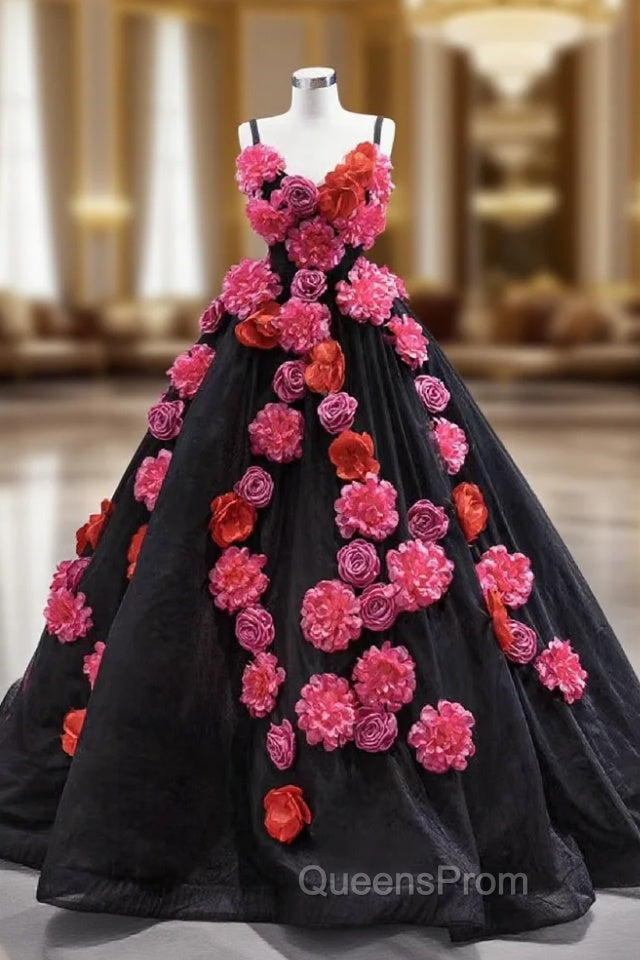 Black Tulle Spaghetti Straps 3D Appliques Evening Prom Dress