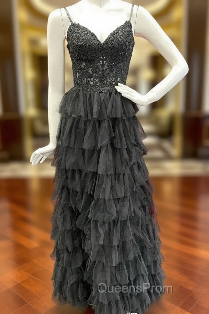 Black Tulle Spaghetti Straps Appliques Evening Prom Dress