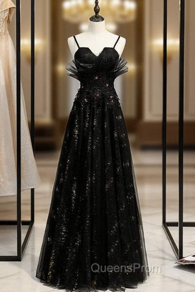 Black Tulle Spaghetti Straps Appliques Evening Prom Dress