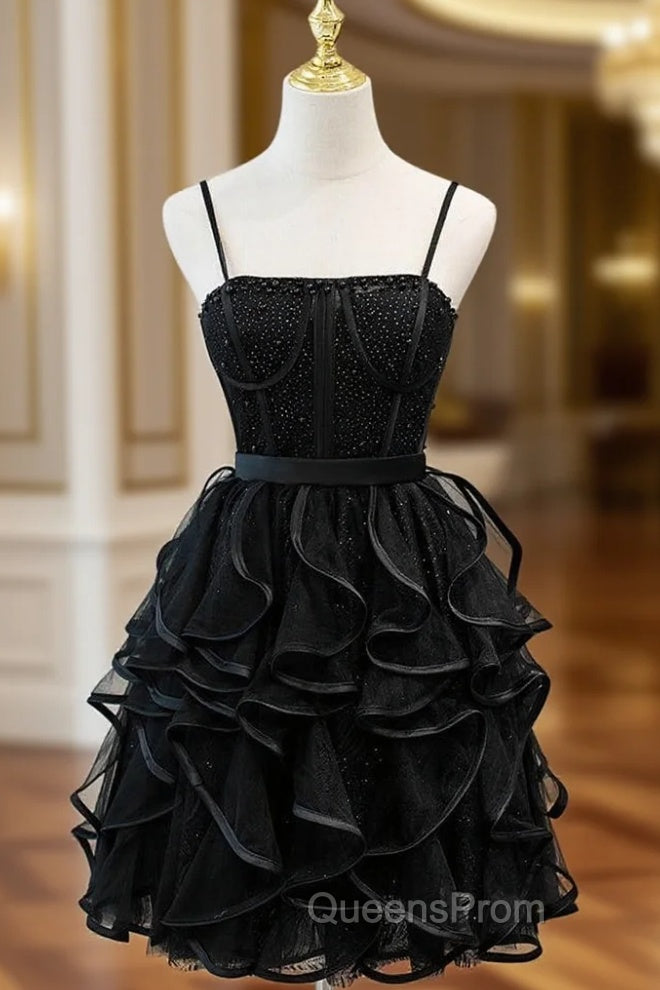 Black Tulle Spaghetti Straps Beading Homecoming Dress Main image