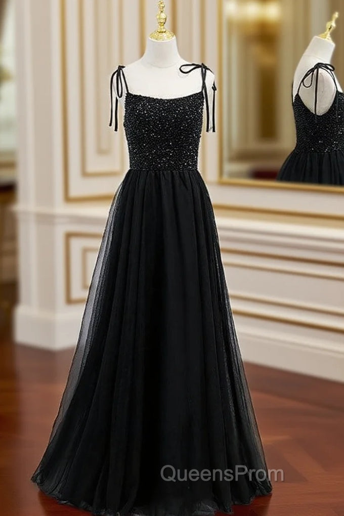 Black Tulle Spaghetti Straps Beading Evening Prom Dress