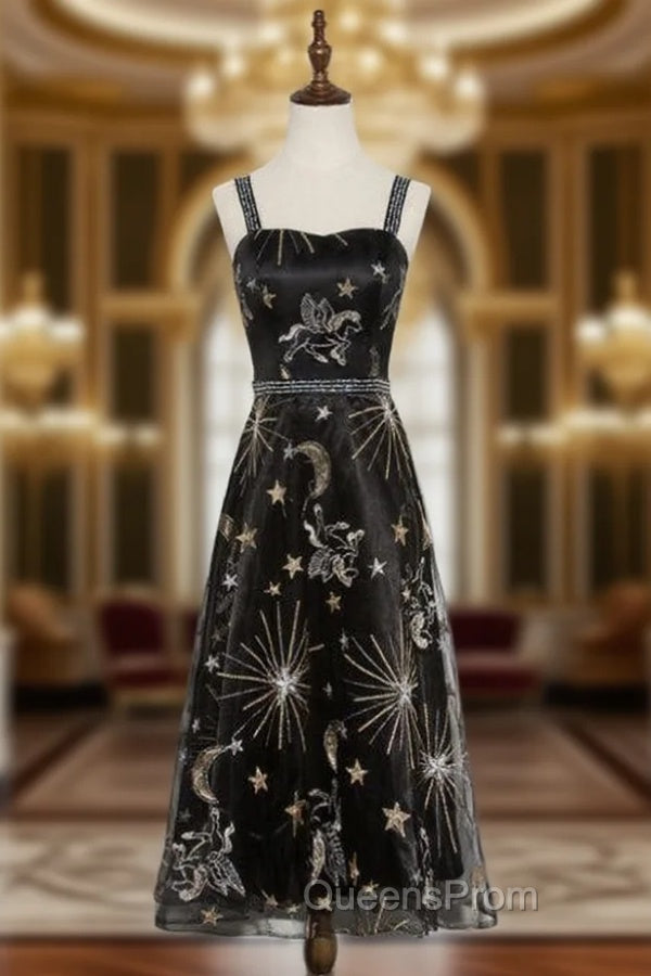 Black Tulle Spaghetti Straps Embroidery Tea Length Evening Prom Dress Main image