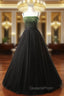 Black Tulle Spaghetti Straps Green Beading Evening Prom Dress