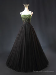 Black Tulle Spaghetti Straps Green Beading Prom Dress