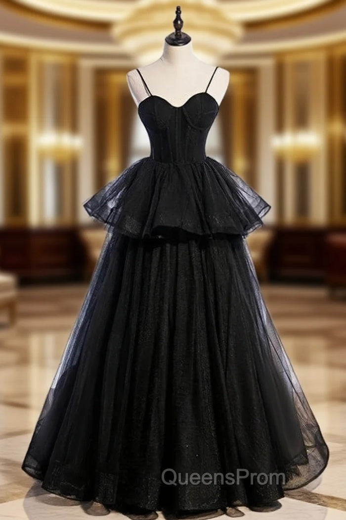 Black Tulle Spaghetti Straps Long Evening Prom Dress