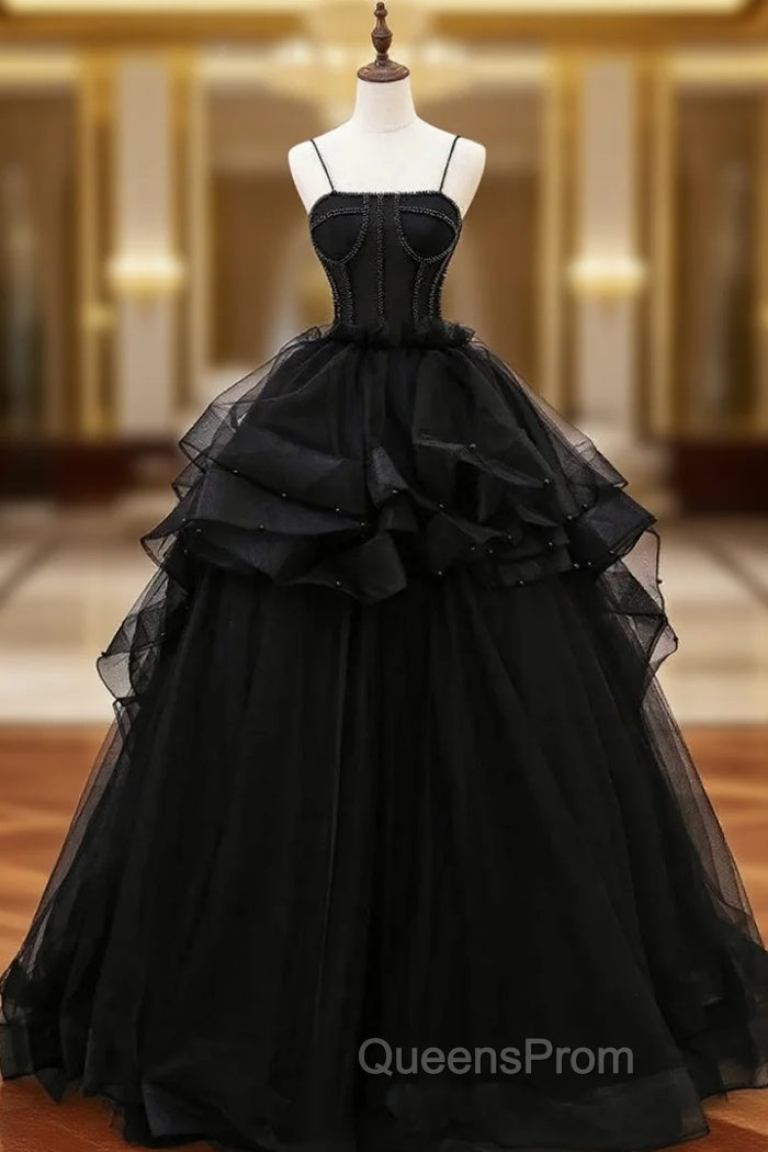 Black Tulle Spaghetti Straps Evening Prom Dress