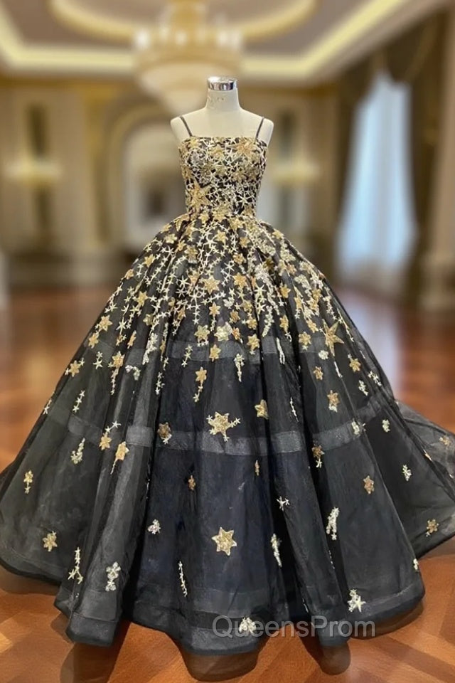 Black Tulle Spaghetti Straps Sequins Evening Prom Dress