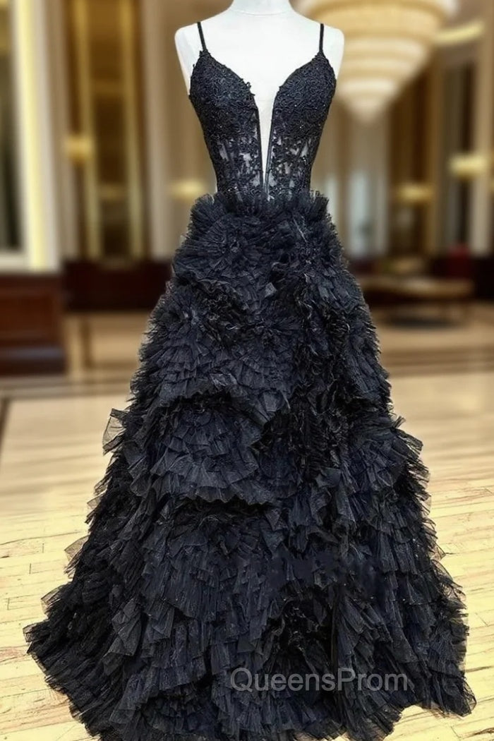 Black Tulle Spaghetti Straps Tiers Evening Prom Dress