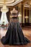 Black Tulle Strapless Pleats Beading Evening Prom Dress