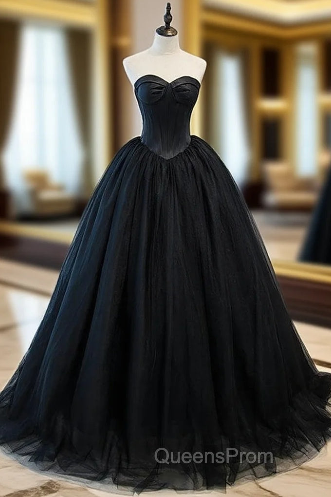 Black Tulle Strapless Pleats Evening Prom Dress