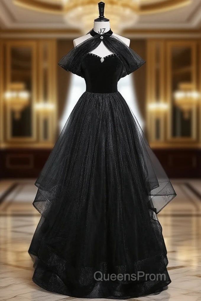 Black Tulle Strapless Evening Prom Dress Detachable Neck