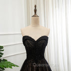 Black Tulle Sweetheart A-line Evening Dress with Lace, Black Long Evening Prom Dress