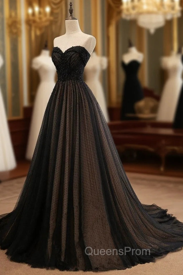 Black Tulle Sweetheart A-line Evening Dress with Lace, Black Long Evening Prom Dress