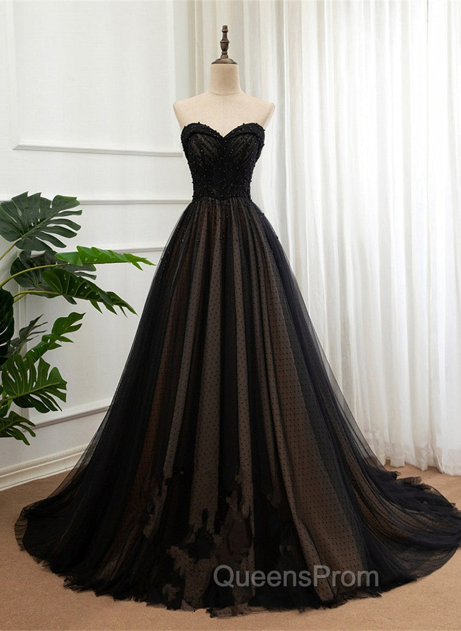 Black Tulle Sweetheart A-line Evening Dress with Lace, Black Long Evening Prom Dress Main image