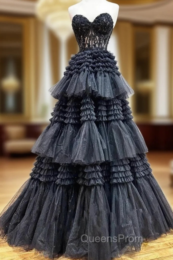Black Tulle Sweetheart Appliques Evening Prom Dress