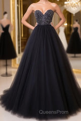 Black tulle sweetheart neck long Evening Prom Dress, black evening Dress