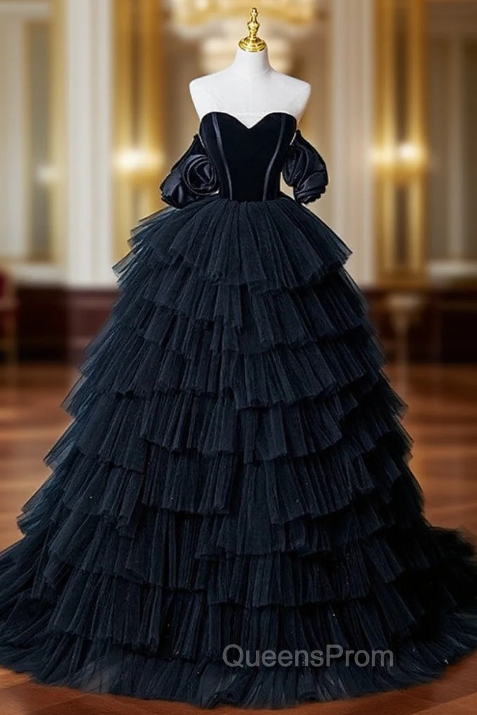 Black Tulle Tiers Sweetheart Evening Prom Dress