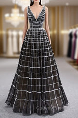 Black Tulle V-neck Beading Sequins Evening Prom Dress