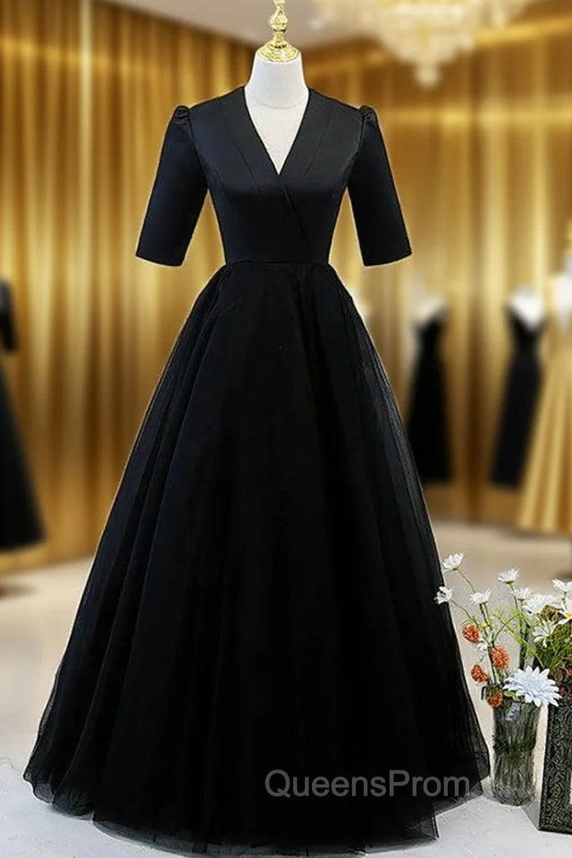 Black Tulle V-neck Short Sleeve Evening Prom Dress
